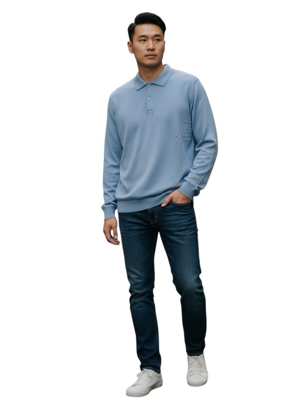 Greyson Men's Wool Sky Blue Polo with Classic Two-Button Placket Size L